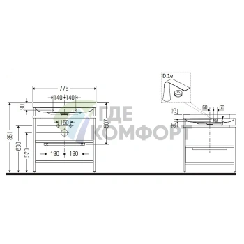 Консольная напольная раковина Duravit Happy D.2 Plus с ящиком, цвет орех брашированный (HP4742O6969) - фото 2