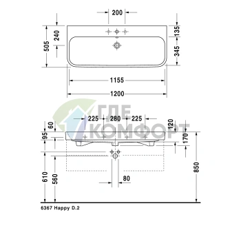 Раковина Duravit Happy D2 накладная белая 1200x505 мм с отверстием под смеситель (2318120000) - фото 2