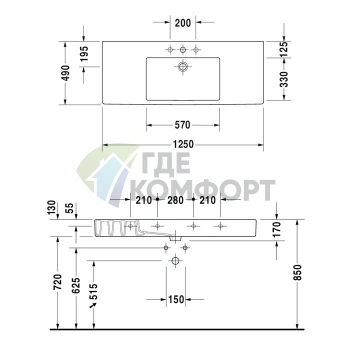 Раковина Duravit Vero для мебели 1250x490 мм, белая, 3 отверстия под смеситель (329120030) - фото 4