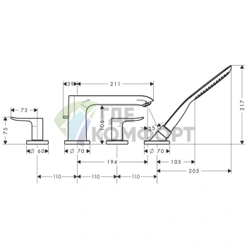 Смеситель для ванны Hansgrohe Metris на 4 отверстия с ручным душем 1jet в хроме (31442000) - фото 2