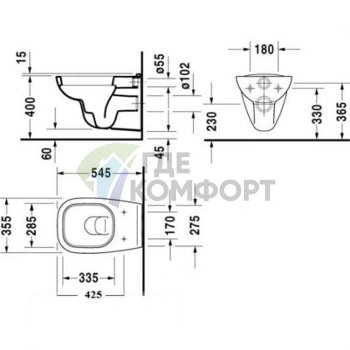 Подвесной унитаз Duravit D-Code 253509 с сиденьем 006731 (253509+006731)) - фото 2