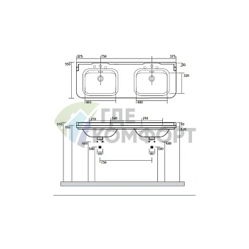 Раковина керамическая двойная Kerasan Waldorf 150x55 см, черная (4143K4 nero/cr *1) - фото 2