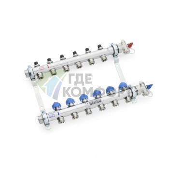 Коллекторная группа REHAU HKV на 9 выходов (РЕХАУ - 12180911001)1x3/4ЕК из нержавеющей стали с регулирующими и термостатическими вентилям