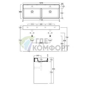 Подвесная двойная раковина SIMAS AGILE 121x46 см без перелива и отверстий, белая - фото 2