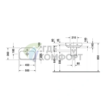 Раковина DURAVIT Happy D2 50x36 см белая с отверстием под смеситель и системой слив-перелив (709500000) - фото 2