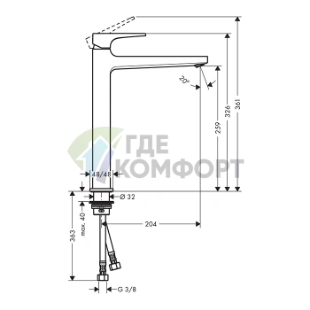 Смеситель для раковины Hansgrohe Metropol 260 золото: однорычажный, с донным клапаном (32512990) - фото 2