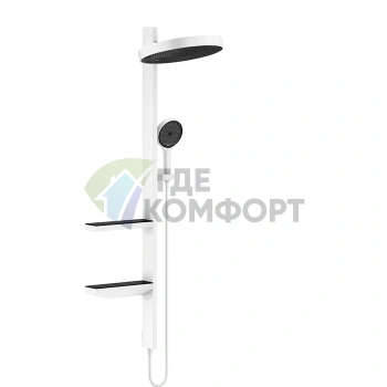 Душевая система HG Showerpipe с верхним душем, штангой, ручным душем и полочками в белом матовом цвете (26842700) - фото 1