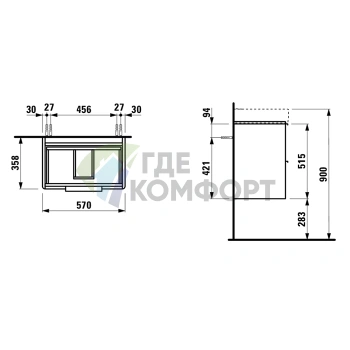 База для раковины LAUFEN Base подвесная белая глянцевая с двумя ящиками 570×360×530 мм (4.0221.2.110.261.1) - фото 2
