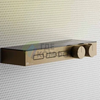 Термостат для душа Gessi Hi-Fi с подключением 3 источников и полкой из черного матового стекла в цвете warm bronze brushed (63024#726) - фото 1