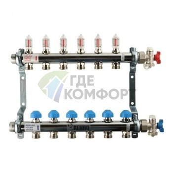 Коллекторная группа REHAU HKV-D на 6 выходов (РЕХАУ - 12080611002)1x3/4ЕК из нержавеющей стали с регулирующими и термостатическими вентилями и расходомерами - фото 1