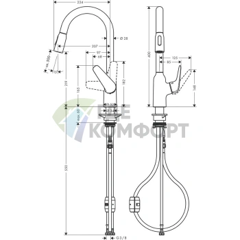 Кухонный смеситель Hansgrohe Focus M42 с вытяжным душем: однорычажный, поворотный излив, хром (71800000) - фото 2