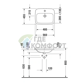 Раковина Duravit DuraStyle 560x455 мм: Встраиваемая сверху с переливом, белая, 1 отв. под смеситель (374560000) - фото 4