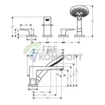 Смеситель для ванны Hansgrohe Metropol на 4 отверстия с ручным душем 3jet, хром (32553000) - фото 2