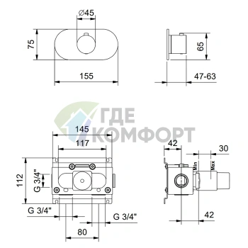 Настенный термостатический смеситель FANTINI FONTANE BIANCHE Matt Gun Metal PVD (47 P5 P300B) - фото 2