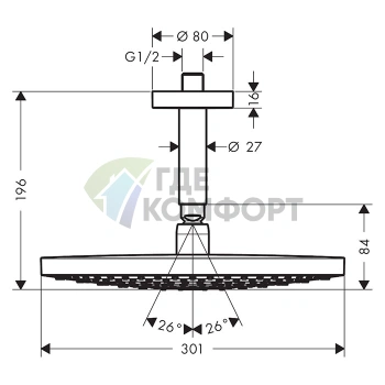 Верхний душ HG Raindance Select S 300 мм с технологией 2jet RainAir и шарнирным соединением (27337000) - фото 2
