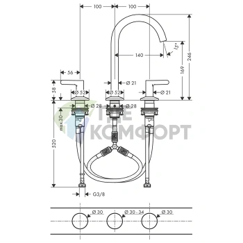 Смеситель для раковины AX One 170 мм, 3 отверстия, слив push-open, матовый черный (48050670) - фото 2