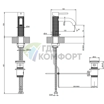 Смеситель GESSI для раковины на 1 отверстие, графитовый черный, с донным клапаном (54401#707) - фото 2