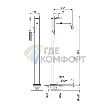 Напольный смеситель для ванны Fantini AF/21 с ручным душем, матовый графит (PVD) (27 P5 A580B) - фото 2