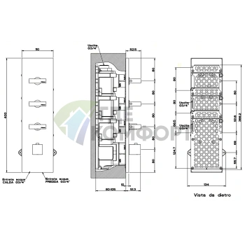 Встраиваемый термостат Gessi Rettangolo с подключением 3/4 и 3 выходами, хром (43026#031) - фото 2