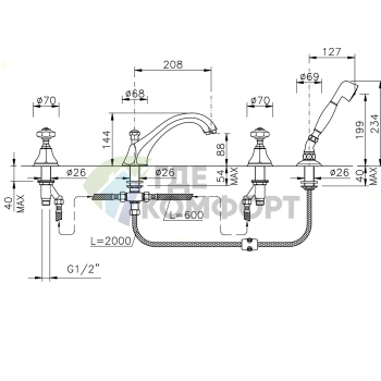 Смеситель для ванны Nicolazzi Teide с ручным душем и хромированными ручками Crystal Handle (1904CR15) - фото 2