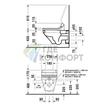 Подвесной унитаз Duravit DuraStyle с креплением для крышки-биде Sensowash (620х370 мм, белый) (2537590000) - фото 2