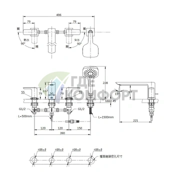 Смеситель для ванны TOTO Jewelhex с ручным душем Comfort Wave, хром (TBG02202R) - фото 2