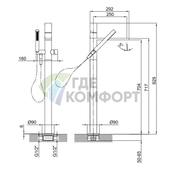 Напольный смеситель для ванны Fantini Milano с ручным душем, цвет Matt Gun Metal PVD (31 P5 3080B) - фото 2