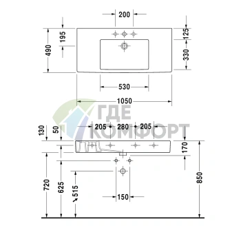 Раковина Duravit Vero для мебели без перелива, белая, 1050x490 мм (329100041) - фото 4