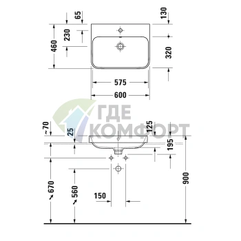 Раковина Duravit Happy D2 Plus 600x460 мм с переливом, без отверстия под смеситель, цвет Anthracite matt-белый (2360606100) - фото 4