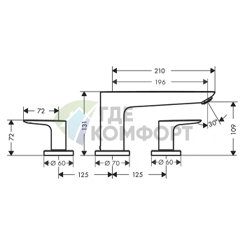 Смеситель для ванны Hansgrohe Talis E накладной на три отверстия, излив 196 мм, хром (71747000) - фото 2
