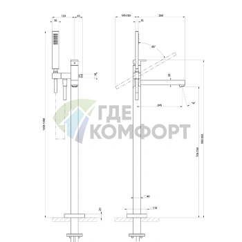 Напольный смеситель для ванны GESSI RETTANGOLO с ручным душем, цвет Black Metal PVD (24961#706) - фото 2