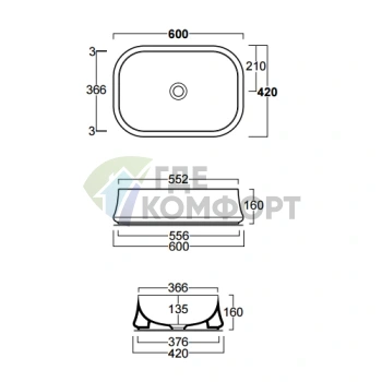 Раковина накладная SIMAS Sharp 60x42 см с отверстием под смеситель - фото 2