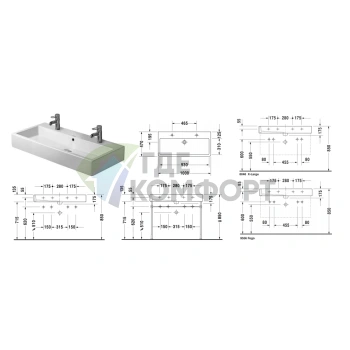 Раковина Duravit Vero для мебели без перелива, с 2 отверстиями под смеситель, 1000x470 мм, белая (454100043) - фото 2