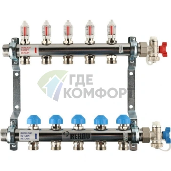Коллекторная группа REHAU HKV-D на 4 выхода (РЕХАУ - 12080411002)1x3/4ЕК из нержавеющей стали с регулирующими и термостатическими вентилями и расходомерами - фото 1