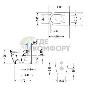 Унитаз Duravit ME by Starck напольный пристенный с горизонтальным стоком 4,5 л 370x600 мм белый с WonderGliss (21690900001) - фото 2