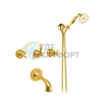 Золотой смеситель для ванны Nicolazzi Impero с двумя рычагами и ручным душем (1203GO36) - фото 1
