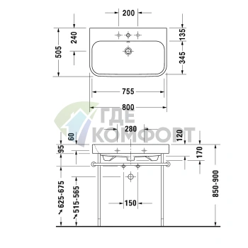 Раковина Duravit Happy D2 для мебели, белая, 800x505 мм, с отверстиями под смеситель (2318800030) - фото 2