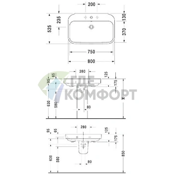 Раковина DURAVIT Happy D2 80x52,5 см с отверстием под смеситель и слив-переливом, белая (2316800000) - фото 4