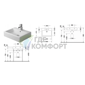Умывальник Duravit Vero 600 мм шлифованный белый без перелива (454600073) - фото 2