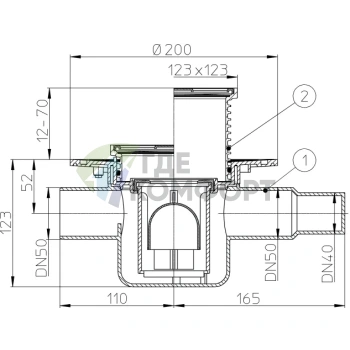 Трап HL300 с решеткой 115x115 мм-с обратным клапаном-с дополнительным входом DN50 и горизонтальным выходом DN50/45 - фото 3