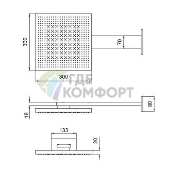 Душевая лейка Almar VELVET DUAL FLOW настенная, 300x300 мм, 2 режима, нержавеющая сталь (E044277.MS) - фото 2