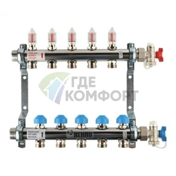 Коллекторная группа REHAU HKV-D на 5 выходов (РЕХАУ - 12080511002)1x3/4ЕК из нержавеющей стали с регулирующими и термостатическими вентилями и расходомерами - фото 1