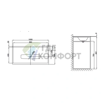 Раковина BETTE LUX SHAPE на каркас 100x495x9 см белая без отверстия под смеситель и перелива с черной рамой (Q012-815) - фото 2