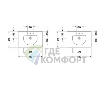 Раковина Duravit Darling New для мебели с переливом и 3 отверстиями под смеситель 830x545 мм белого цвета (499830030) - фото 4
