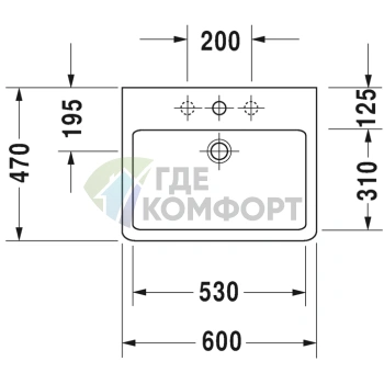 Раковина Duravit Vero для мебели с перел с 1 отврстием под смеситель 600x470мм Цвет Черный