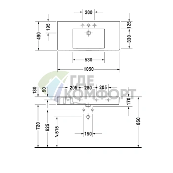 Раковина Duravit Vero белая встраиваемая 1050x490 мм без отверстия под смеситель (329100070) - фото 4