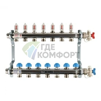 Коллекторная группа REHAU HKV-D на 7 выходов (РЕХАУ - 12080711002)1x3/4ЕК из нержавеющей стали с регулирующими и термостатическими вентилями и расходомерами - фото 1
