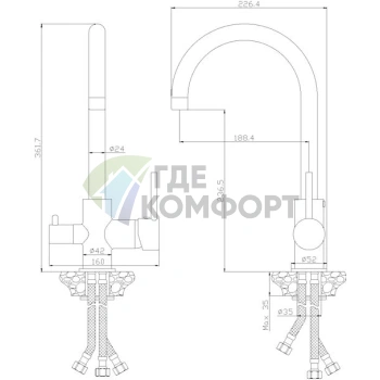 Смеситель для кухни Rossinka Z35-28: хромированный с черным изливом из латуни - фото 2