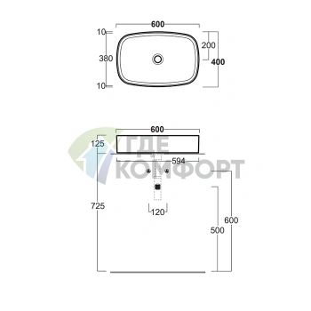Накладная прямоугольная раковина SIMAS FORIU 60x40x13 см без отверстия, белая - фото 2