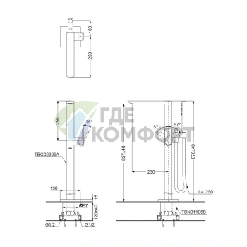 Смеситель для ванны TOTO Jewelhex с ручным душем Active Wave (TBG02306R) - фото 2